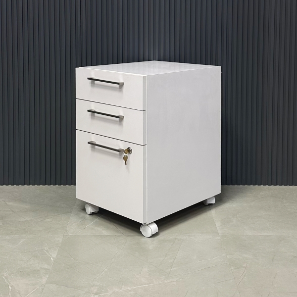 Naples Mobile Storage in White Gloss Laminate with lock in third drawer, shown here.