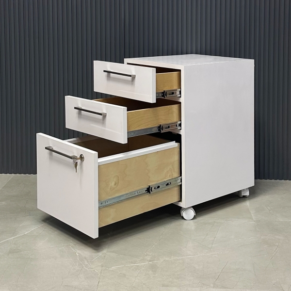 Naples Mobile Storage in White Gloss Laminate with lock in third drawer, shown here.