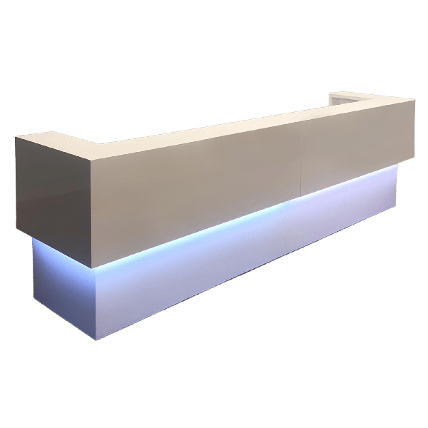 144-inch San Francisco Large U-Shape Custom Reception Desk in white gloss laminate counter & desk, and color changing LED.