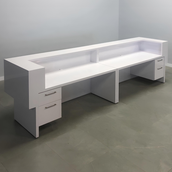 144-inch San Francisco Large U-Shape Custom Reception Desk in white gloss laminate counter & desk, and color changing LED.