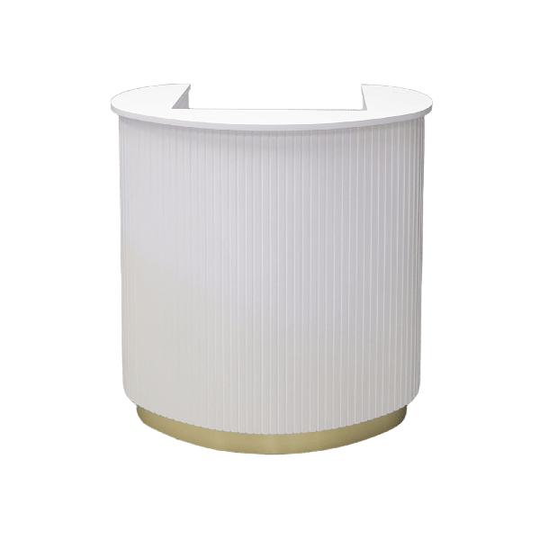 42-inch The Pill Podium & Host Custom Desk in white matte laminate top counter & workspace, white matte tambour main desk, and gold aluminum toe-kick.